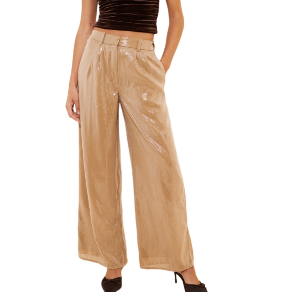 NWOT Hutch Shimmering Sequin Tan Wide-Leg Pants Size Small
